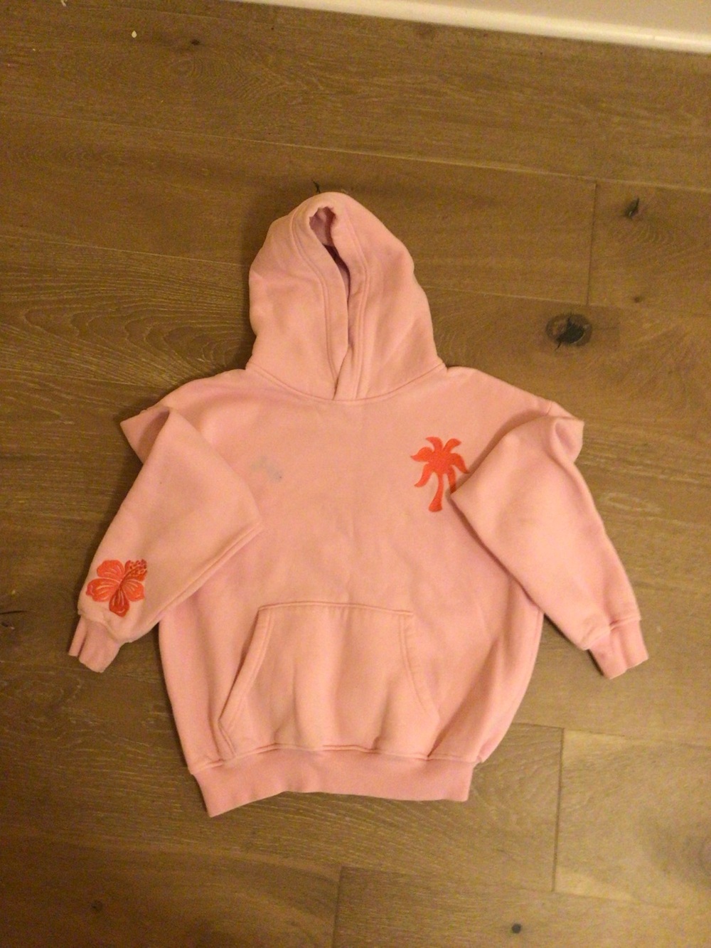Pink Palm Puff Hooded Sweatshirt with Palm & Hibiscus Graphics